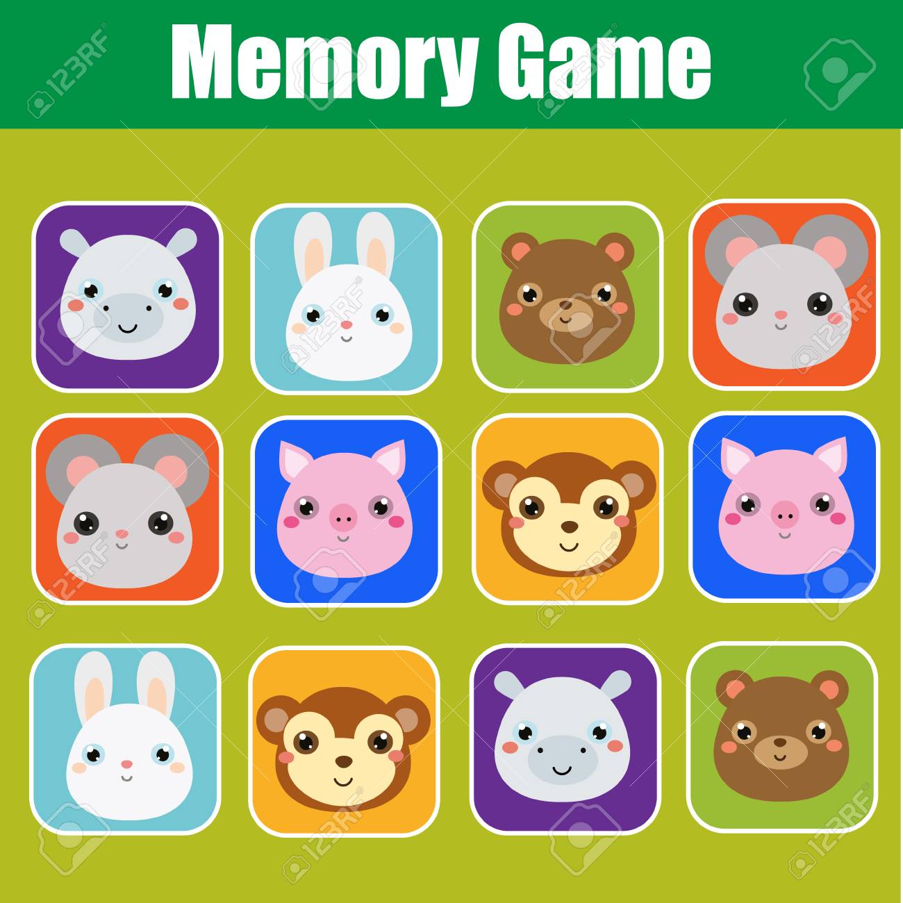 Juego De Memoria Para Niños Pequeños Niños Educativos Actividad De Niños Con Caras De Animales Lindos Encuentra Pares De Las Mismas Imágenes Ilustraciones Vectoriales Clip Art Vectorizado Libre De Derechos Image 84712075
