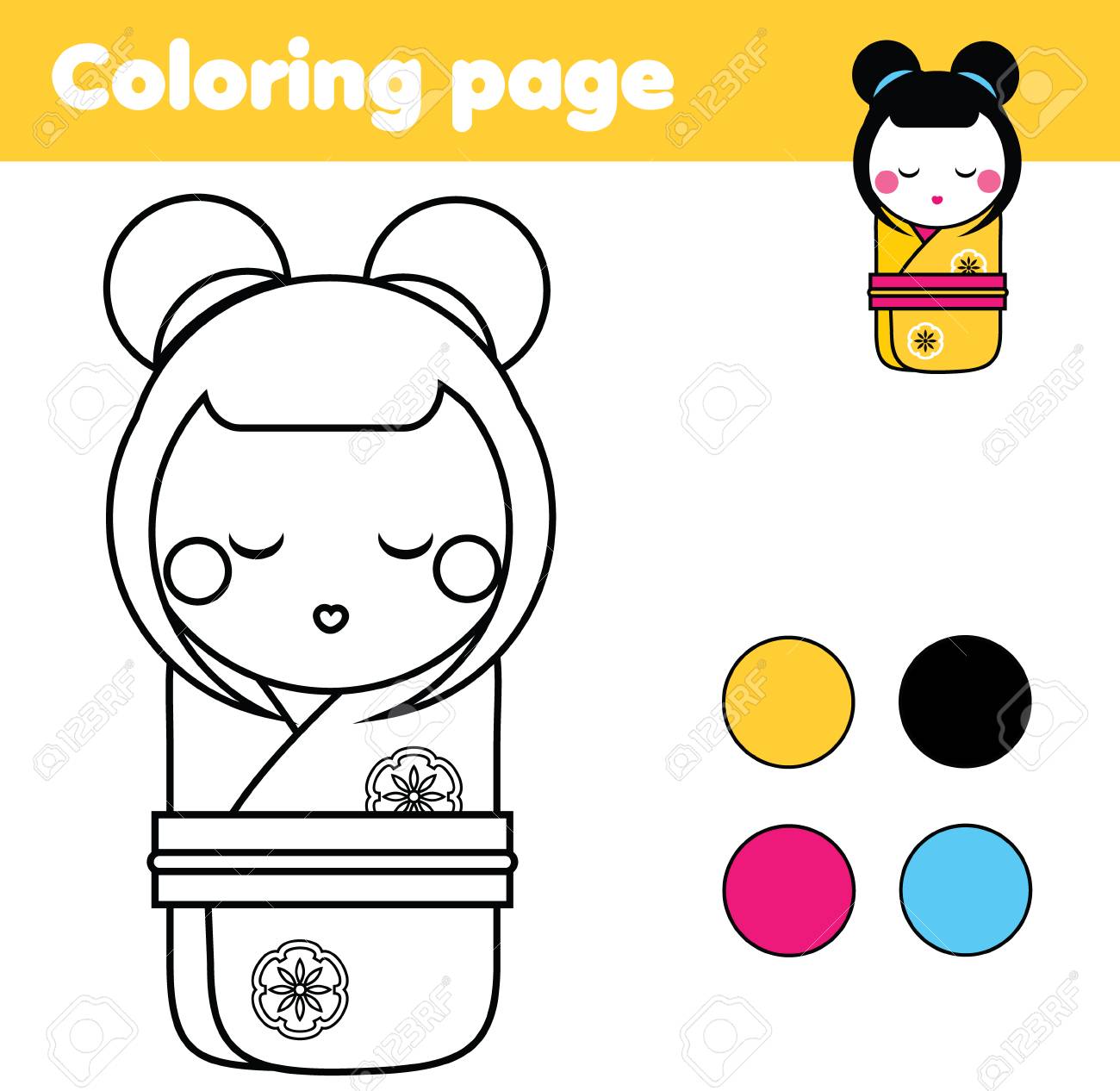 coloring page with japanese kokeshi doll color the picture educational children game drawing kids activity printable sheet royalty free cliparts vectors and stock illustration image 88755574