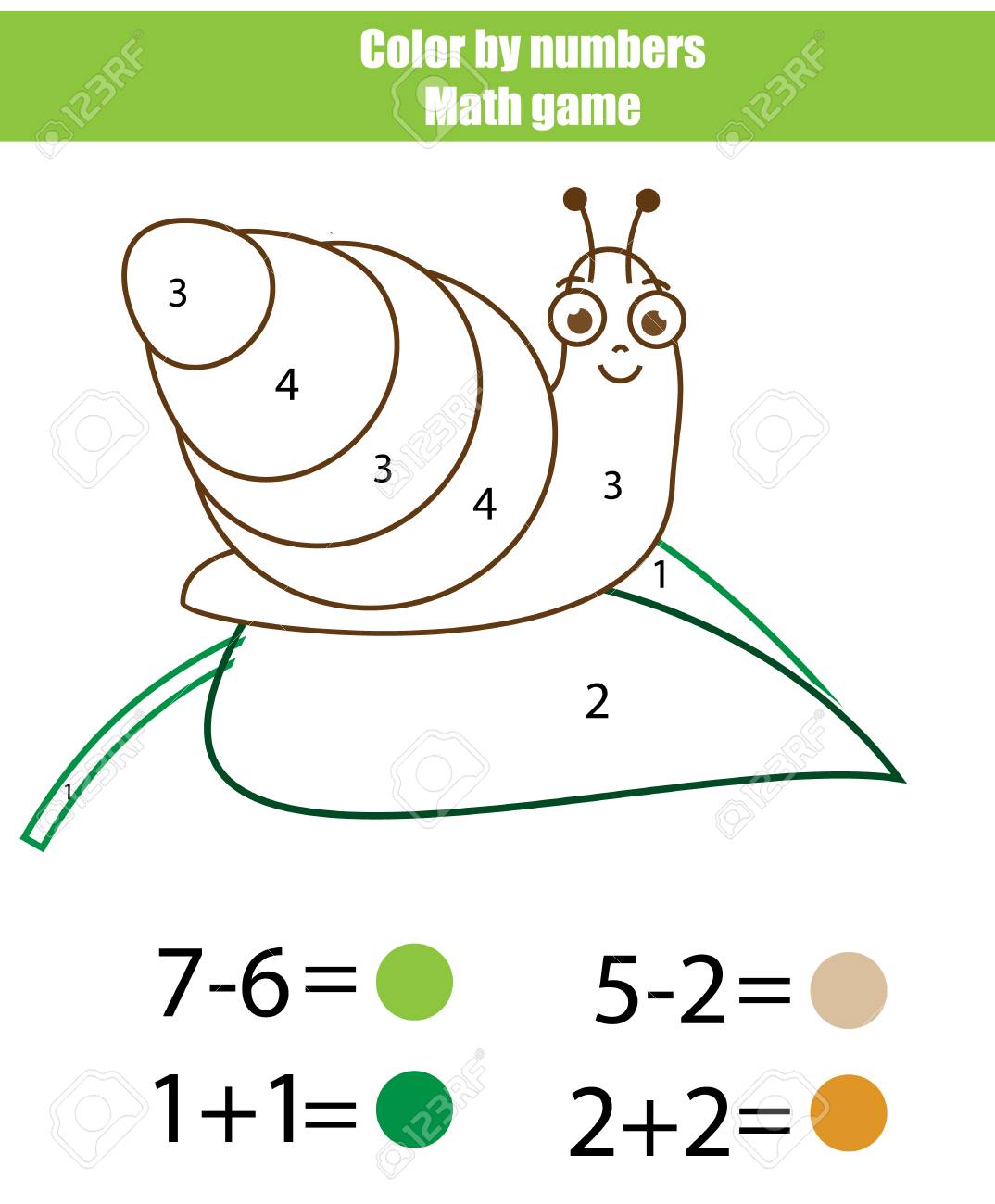 Color Por Números. Juego De Matemáticas Educativas Dibujo Para Colorear Con  Caracol Aprendizaje De Suma Y Resta Ilustraciones Svg, Vectoriales, Clip  Art Vectorizado Libre De Derechos. Image 89838797.