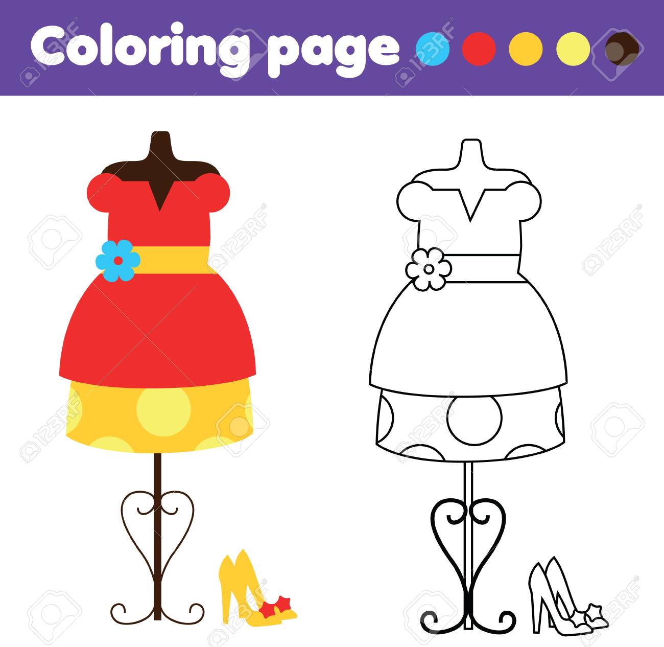 Coloring page with fashionable dress and shoes. Color the picture
