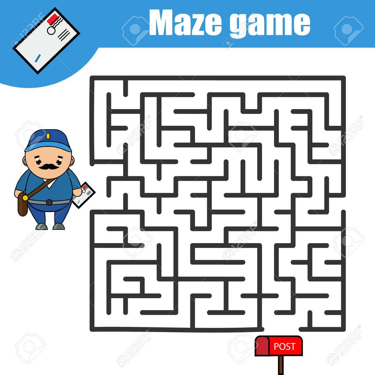 迷路ゲーム 郵便配達人が迷路を通過し 手紙を届けるのを助けます キッズアクティビティシート 印刷可能な教育子供ゲームのイラスト素材 ベクタ Image