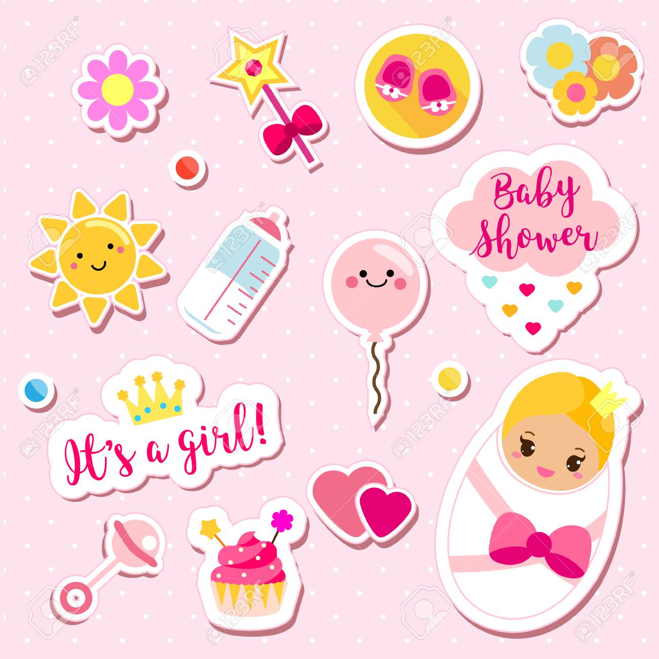 It's A Girl Stickers Set In Pink Colors. Kids, Children Design - It's A Girl Stickers Set In Pink Colors. Kids, Children Design