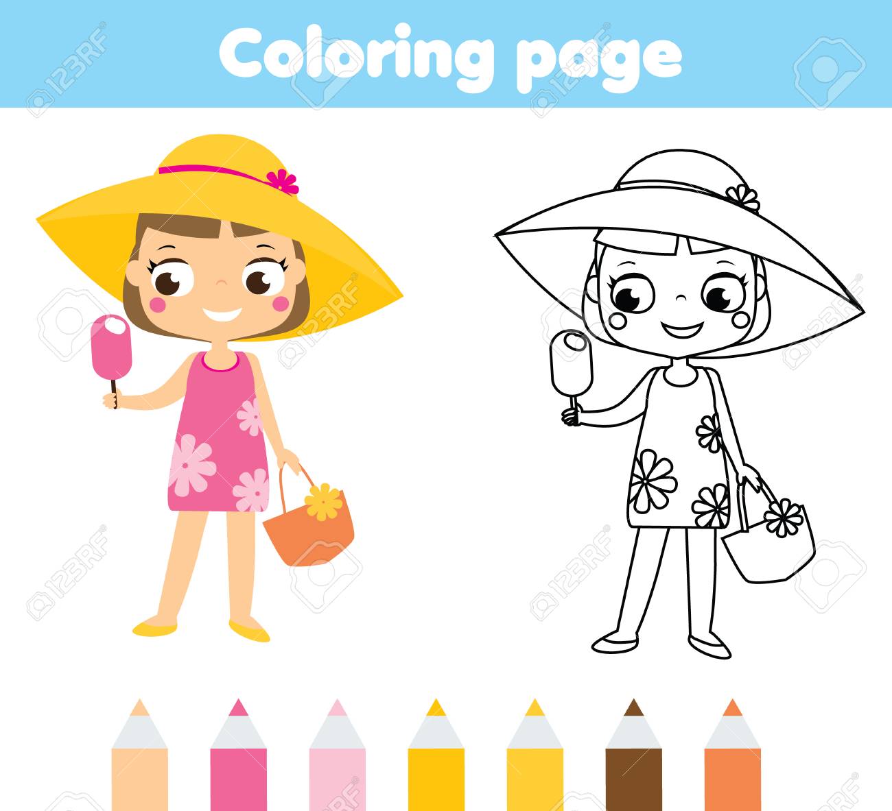 Summer Holidays Coloring Page For Kids. Cartoon Girl In Beach Dress Eating  Ice Cream. Printable Activity For Children And Toddlers Royalty Free SVG,  Cliparts, Vectors, and Stock Illustration. Image 103042229., image size:1300x1183