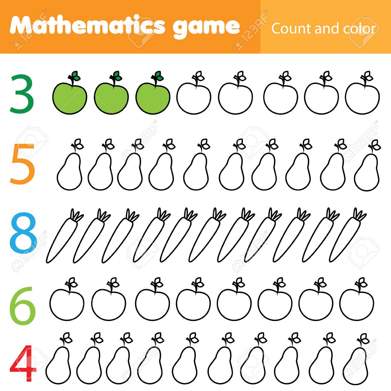 mathematics worksheet for kids count and color educational children activity with fruits and vegetables royalty free svg cliparts vectors and stock illustration image 110270487
