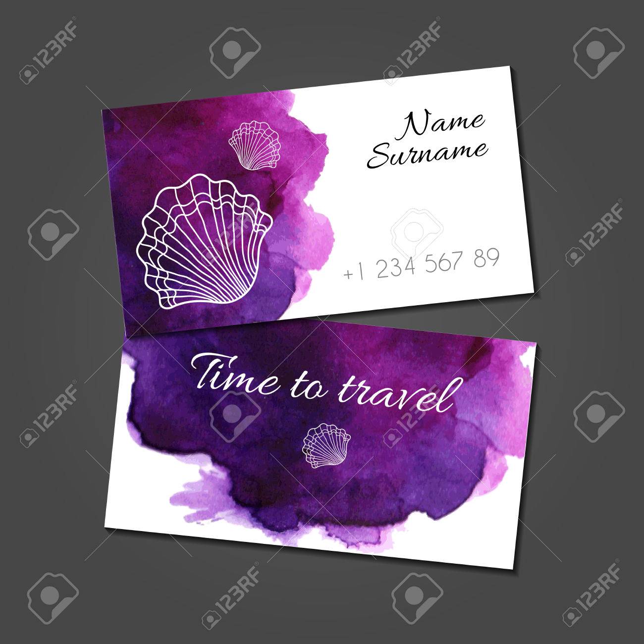 business card template with seashells on purple watercolor stain purple business card