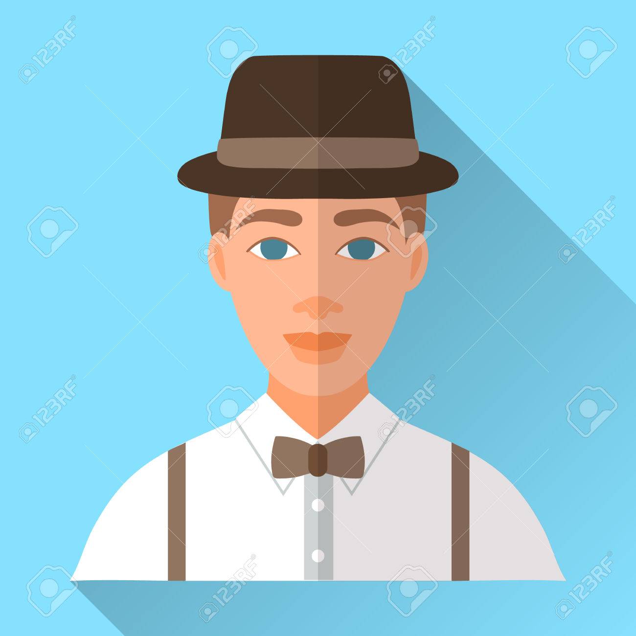 青いトレンディな平らな正方形の結婚式日婚約者アイコンの影 スタイリッシュな茶色の帽子 白シャツ かっこ 黒い蝶ネクタイ を身に着けているハンサムな未来の夫のイラスト 流行に敏感な結婚式男性キャラクター のイラスト素材 ベクタ Image