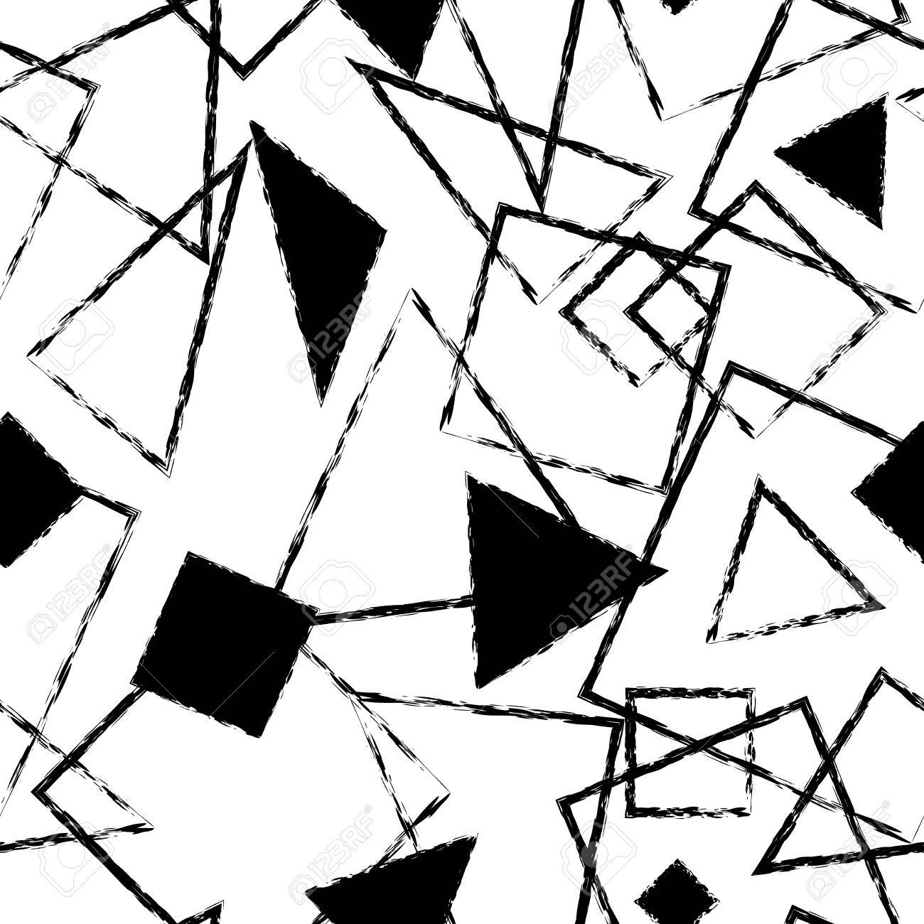 Artistic black and white monochrome seamless pattern with simple geometric shapes overlaying triangle and square