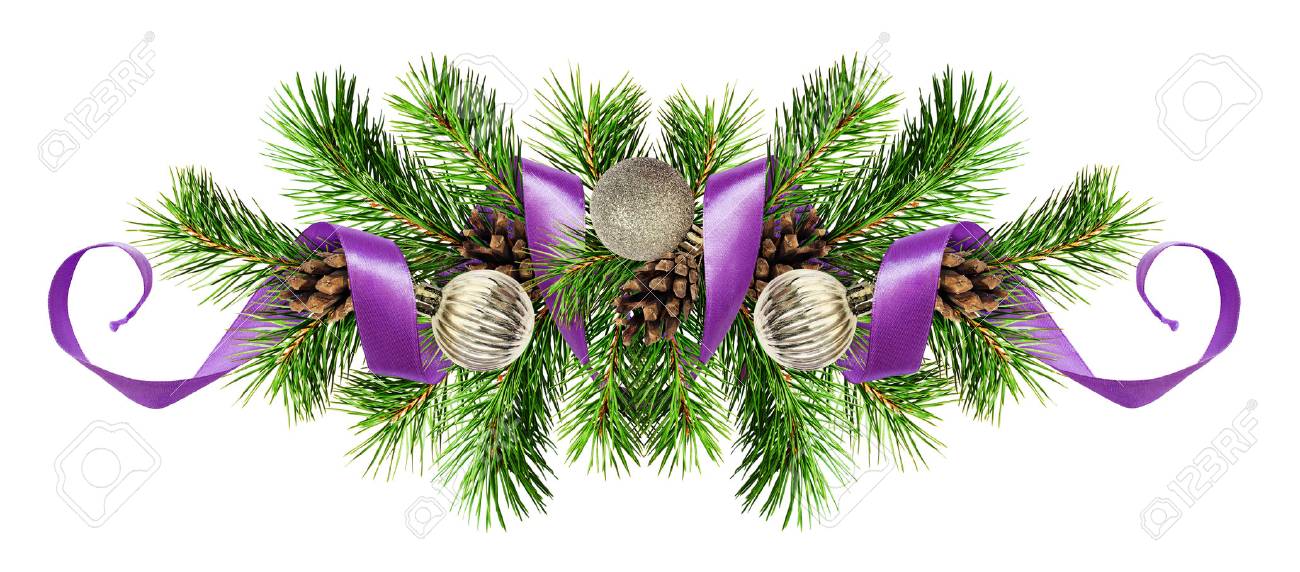 Christmas arrangement with pine twigs, silver balls and purple ribbon isolated on white background - 87652244 Christmas arrangement with pine twigs, silver balls and purple ribbon isolated on white background - 87652244