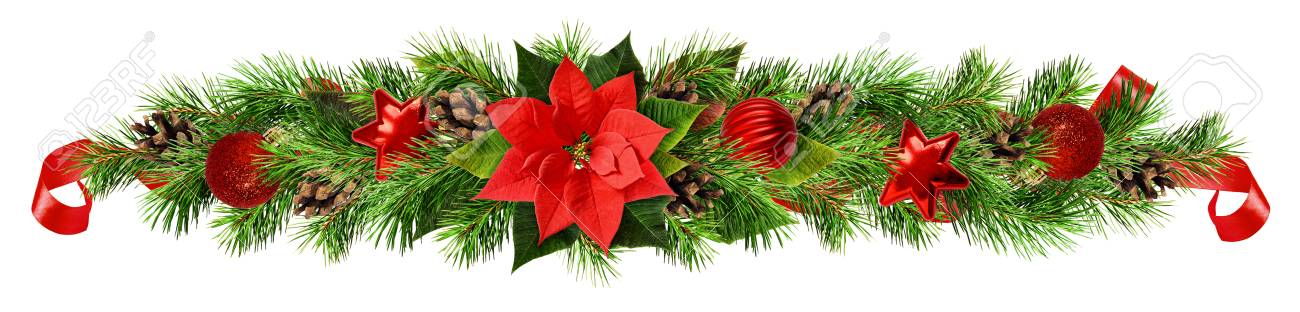 Guirlande Asymétrique De Noël Avec Fleur De Pionsettia Rouge, Brindilles De Pin Et Décorations Isolées Sur Blanc. Plat Poser. Vue De Dessus Banque D'Images Et Photos Libres De Droits. Image 91414811.