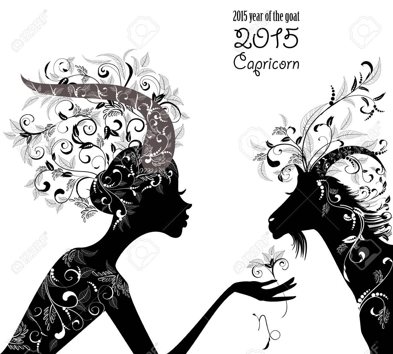 美しいヤギと干支の 15 年に署名する山羊座 ファッションの女の子のイラスト素材 ベクタ Image