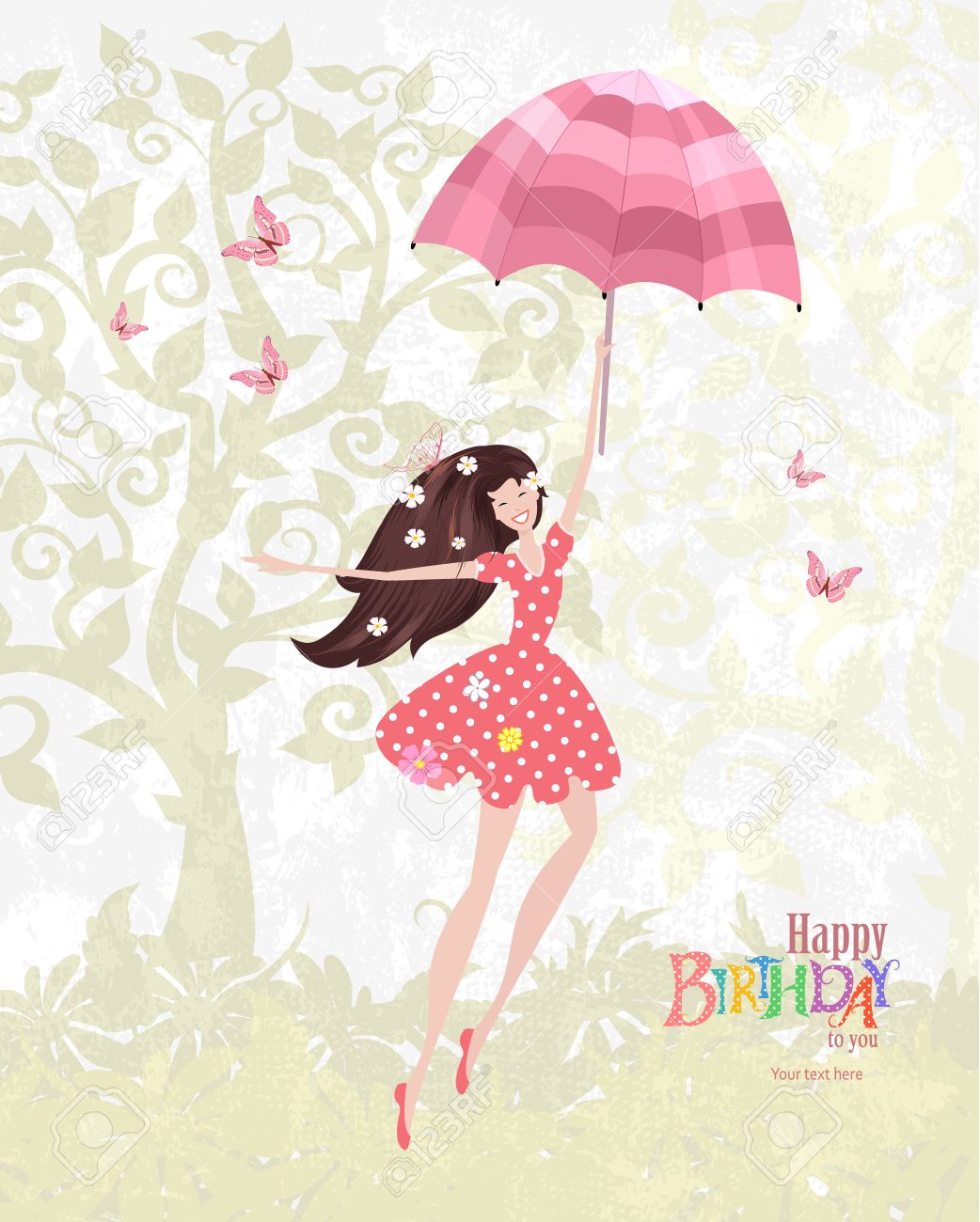 ピンクの傘と幸せな女の子 メアリー ポピンズ お誕生日おめでとうのイラスト素材 ベクタ Image