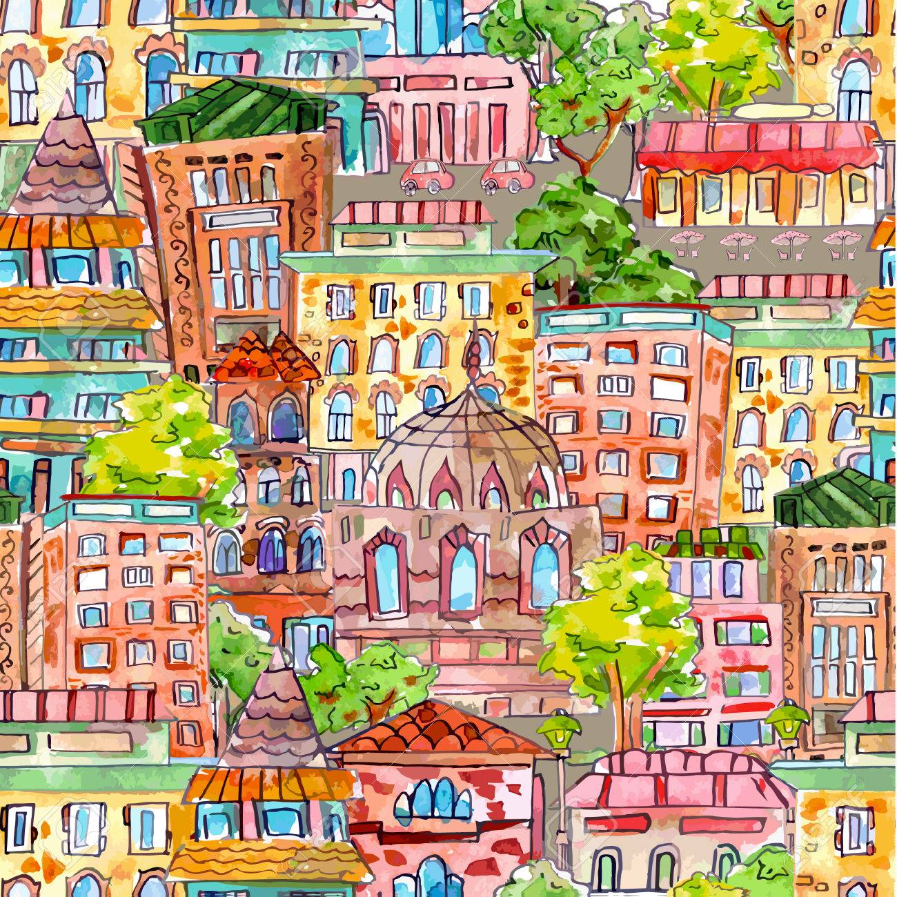 かわいい街並みとシームレスなテクスチャです 水彩画 ベクトル図のイラスト素材 ベクタ Image