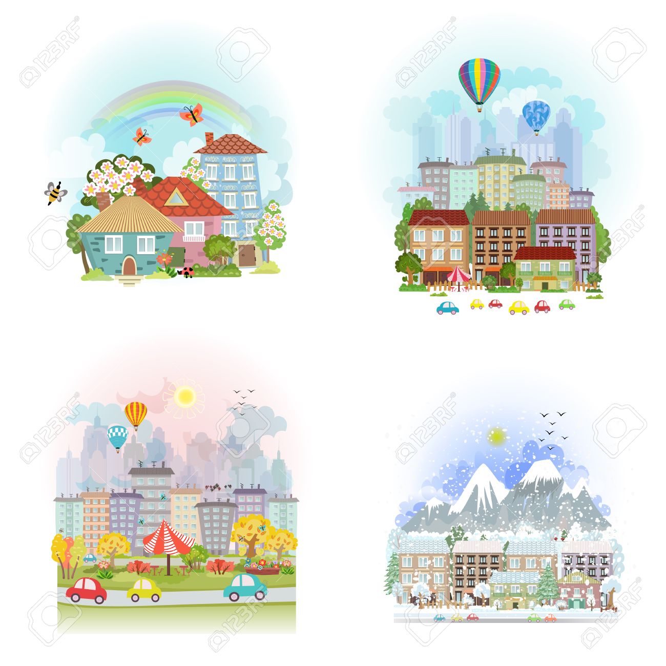 素敵なかわいい街並みのカードを設定します 4 つの季節の都市景観のイラスト素材 ベクタ Image