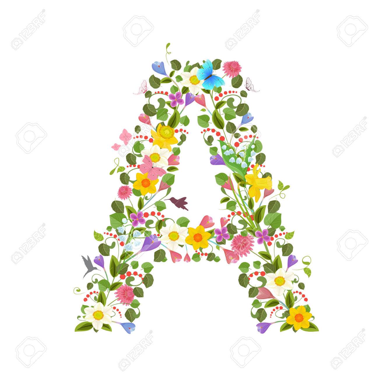 Ornate Capital Letter Font Consisting Of The Spring Flowers And