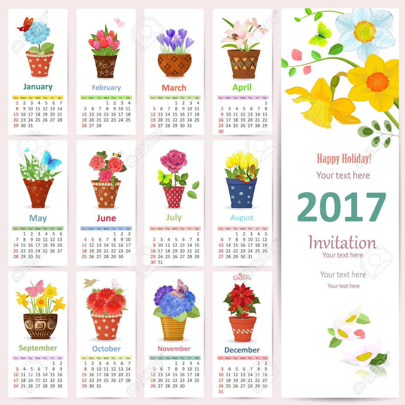 17 年陶磁器の鍋で異なる美しい花の植えられたロマンチックなカレンダーです 水仙の花と蝶のかわいいカードです のイラスト素材 ベクタ Image