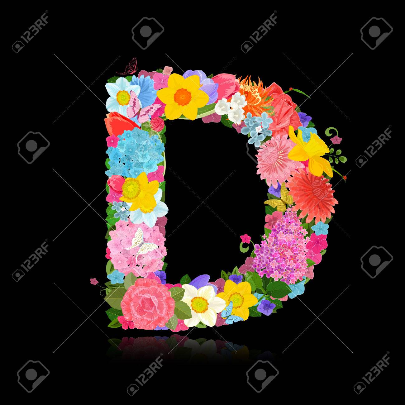 fancy letter of beautiful flowers on black background d royalty free fancy letter d