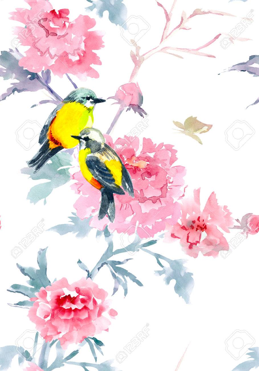 Graceful Seamless Texture With Flowers And Birds. Watercolor Painting Stock  Photo, Picture and Royalty Free Image. Image 70576352., image size:909x1300