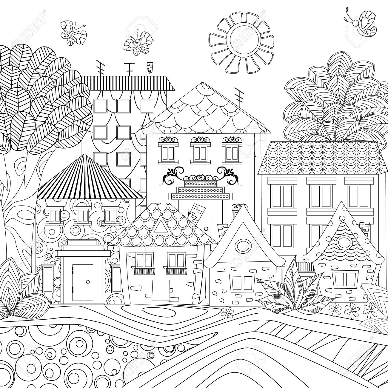 塗り絵の蝶と面白い都市の景観 のイラスト素材 ベクタ Image