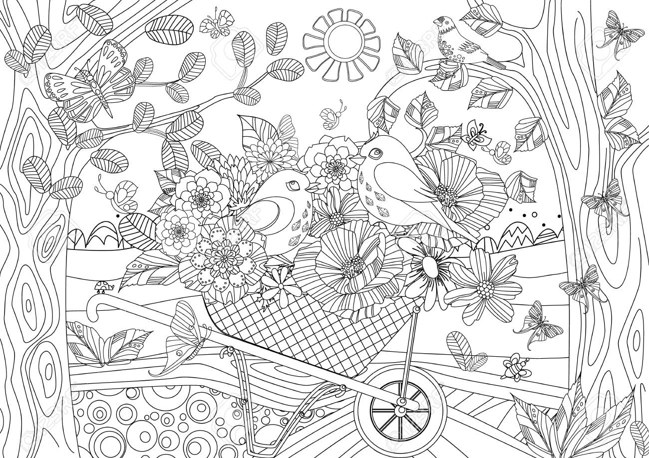 Summer Landscape With Lovely Flowers And Couple Of Birds In ...