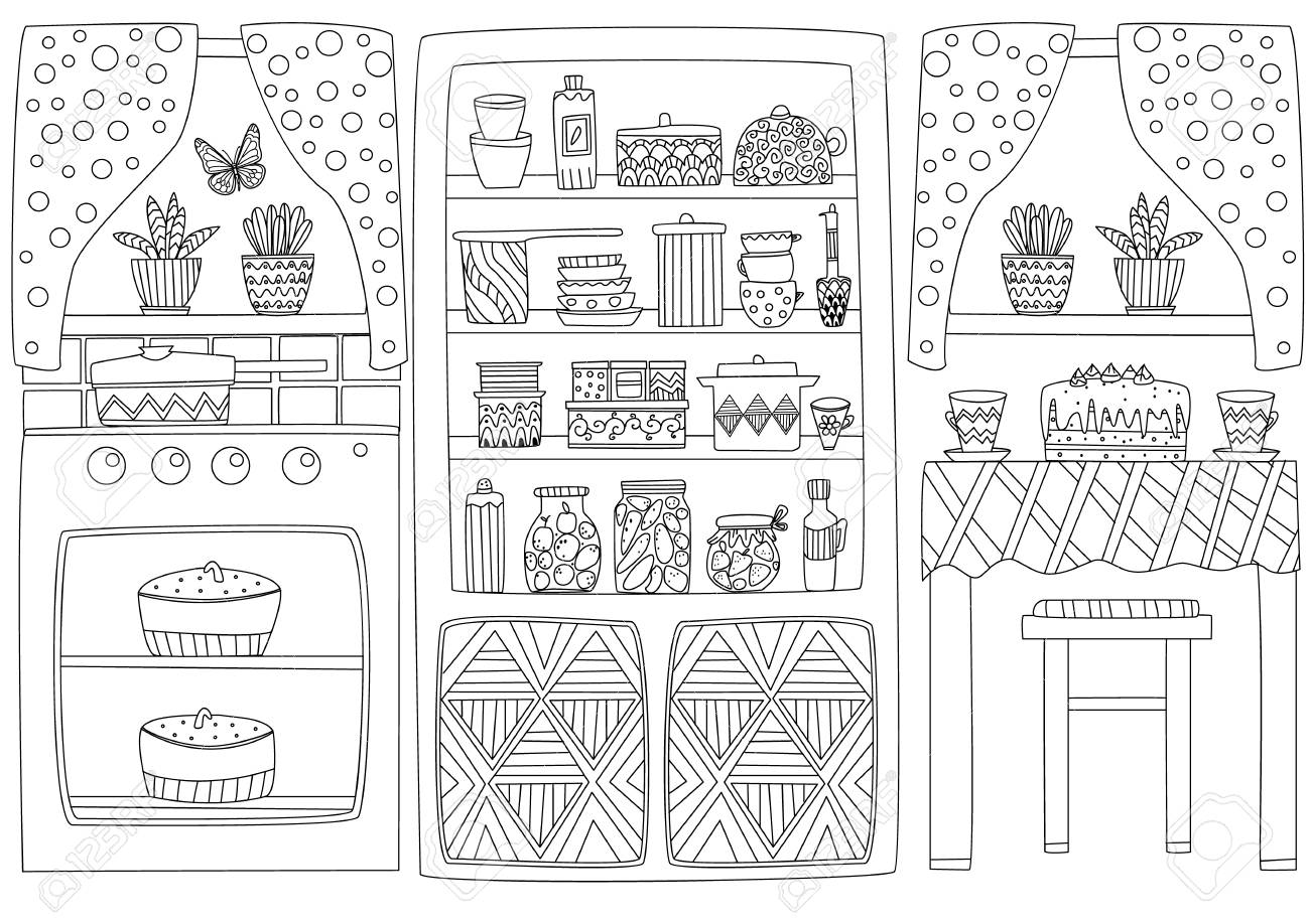 Cozy Kitchen Interior For Your Coloring Page Royalty Free Cliparts Vectors And Stock Illustration Image 117088371