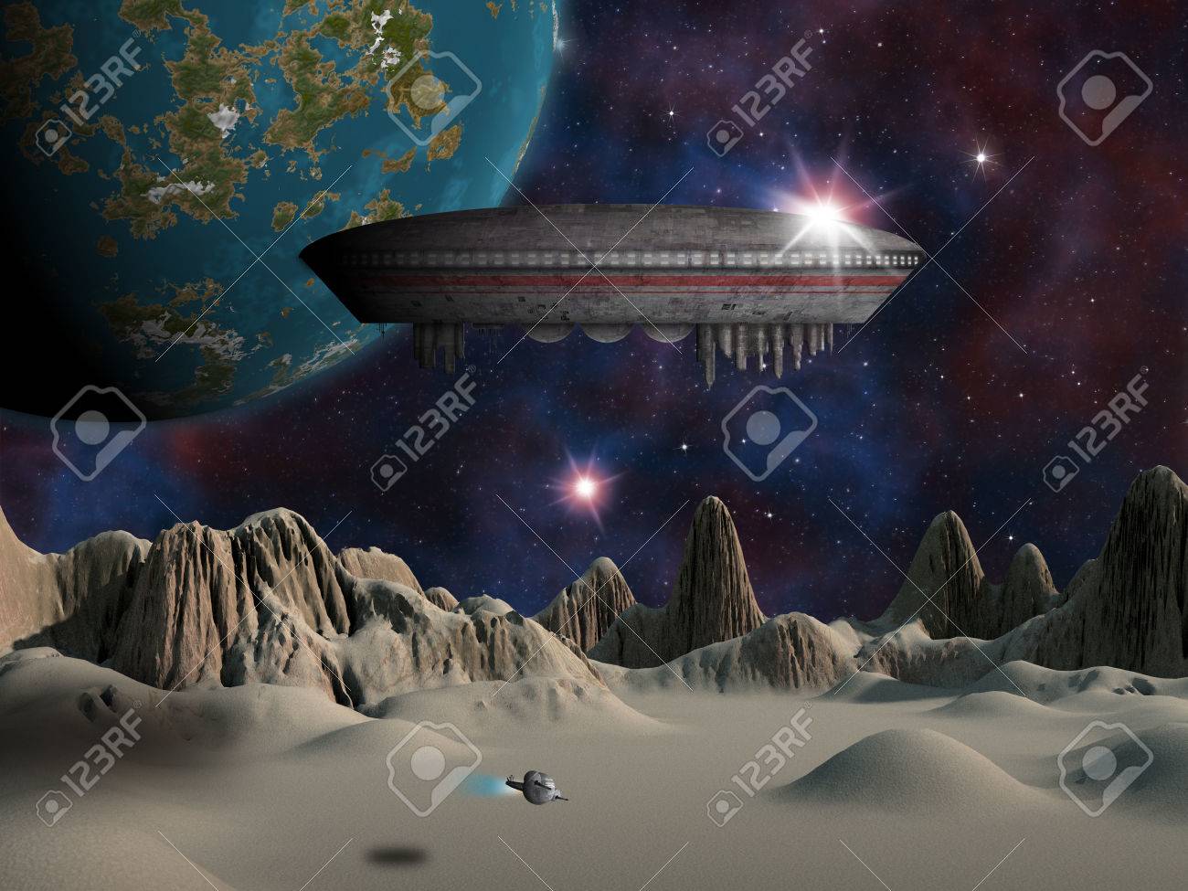 エイリアン スペース クラフトや Ufo を背景に地球のような惑星でエイリアン月置いた の写真素材 画像素材 Image