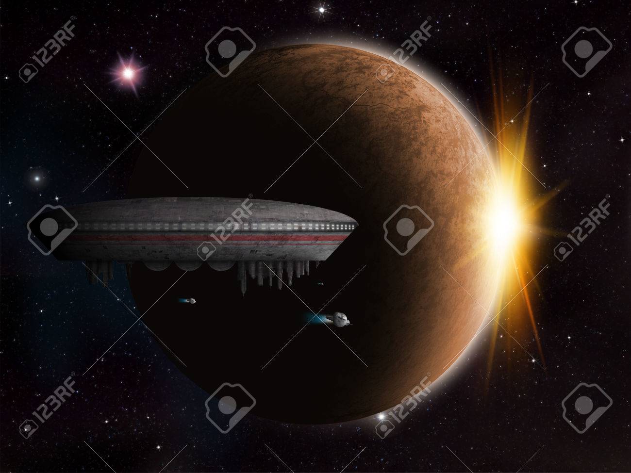 太陽が上昇し始めると エイリアン スペース クラフトや Ufo はエイリアンの惑星の近くです の写真素材 画像素材 Image