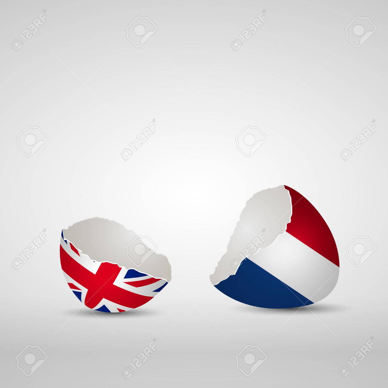 ひびの入った卵の殻 イギリスの旗の 1 つの側面とオランダの国旗と他の 1 つのイラスト素材 ベクタ Image ひびの入った卵の殻 イギリスの旗の 1 つの側面とオランダの国旗と他の 1 つのイラスト素材 ベクタ Image