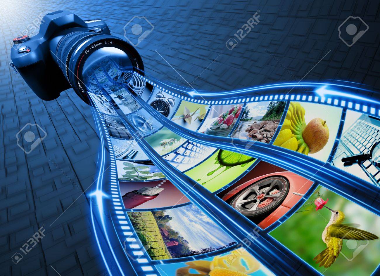 Professional Camera takes pictures. The film strip of pictures enter through the lens. Exclusive Design (Design Concept). - 7989496 Professional Camera takes pictures. The film strip of pictures enter through the lens. Exclusive Design (Design Concept). - 7989496
