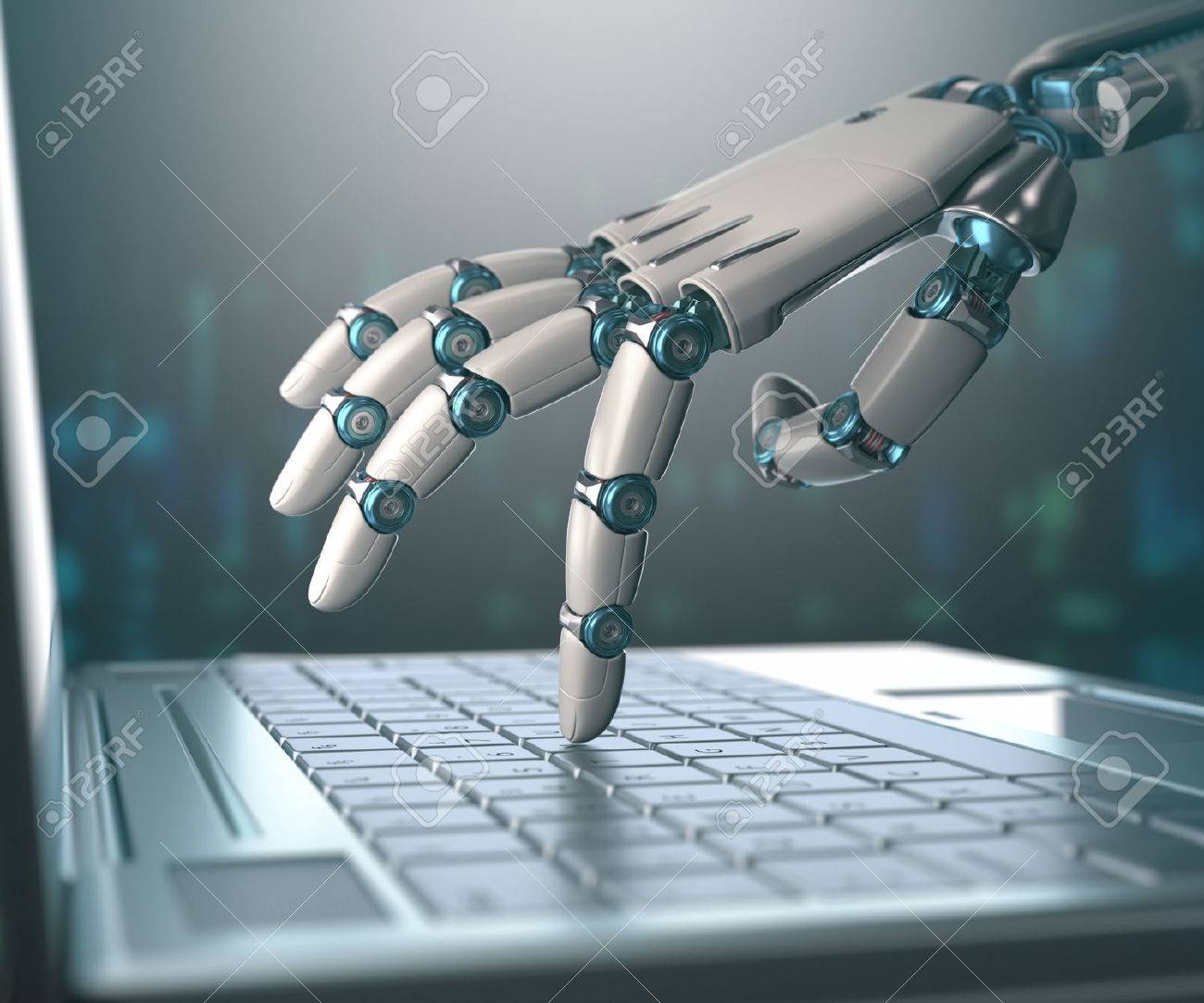 Robotic hand, accessing on laptop, the virtual world of information. Concept of artificial intelligence and replacement of humans by machines. - 51001614 Robotic hand, accessing on laptop, the virtual world of information. Concept of artificial intelligence and replacement of humans by machines. - 51001614