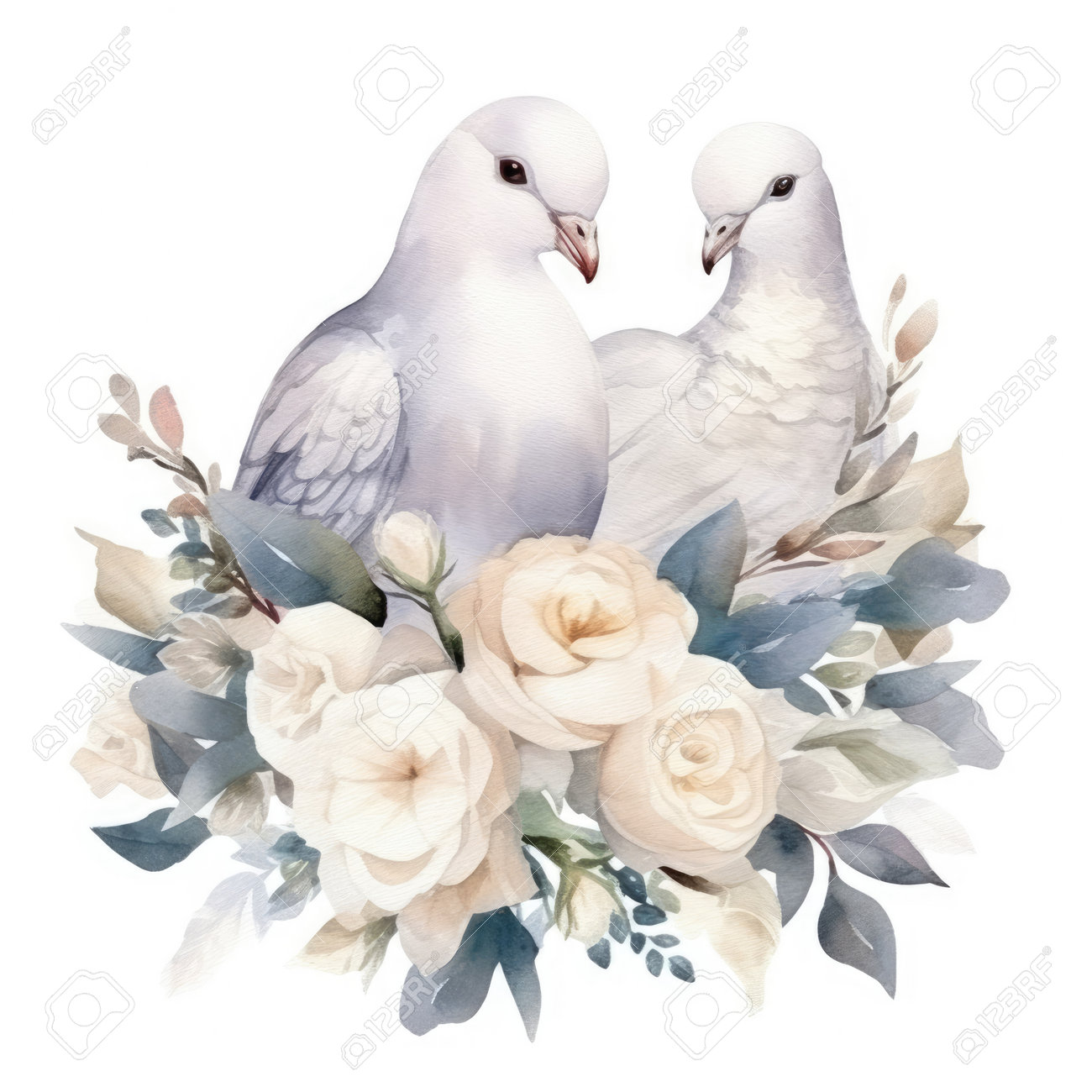 Watercolor Wedding Bouquet With White Doves On White Background. Stock  Photo, Picture and Royalty Free Image. Image 205290919., image size:1300x1300