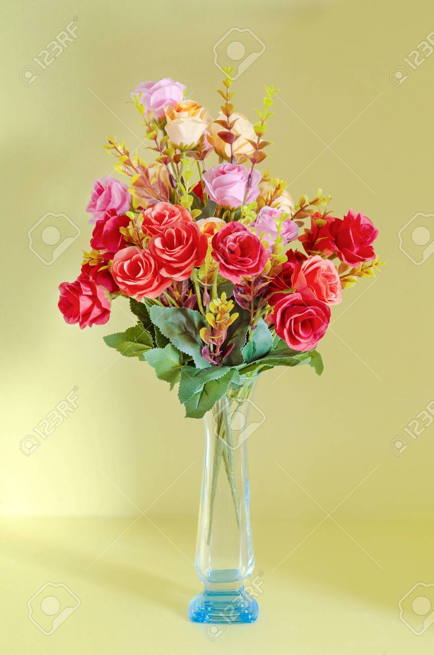 Still Life Bouquet Artificial Rose Flowers Red Pink Yellow In