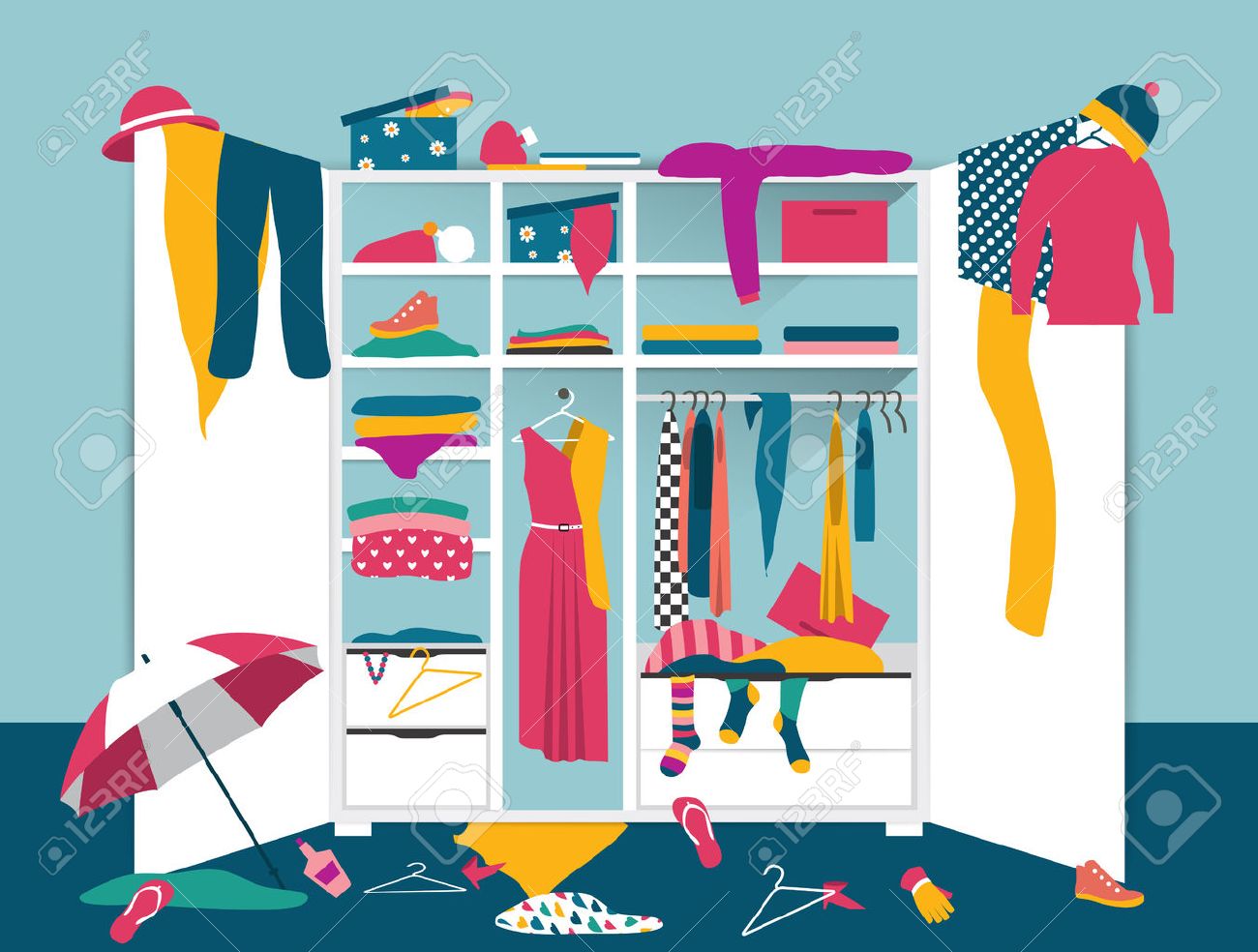 Open Wardrobe White Closet With Untidy Clothes Shirts Sweaters
