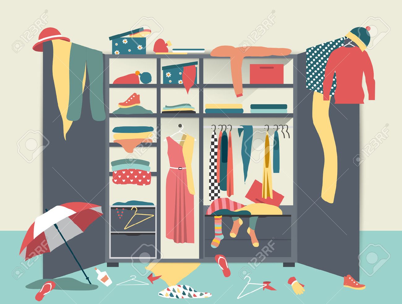 Open Wardrobe White Closet With Untidy Clothes Shirts Sweaters