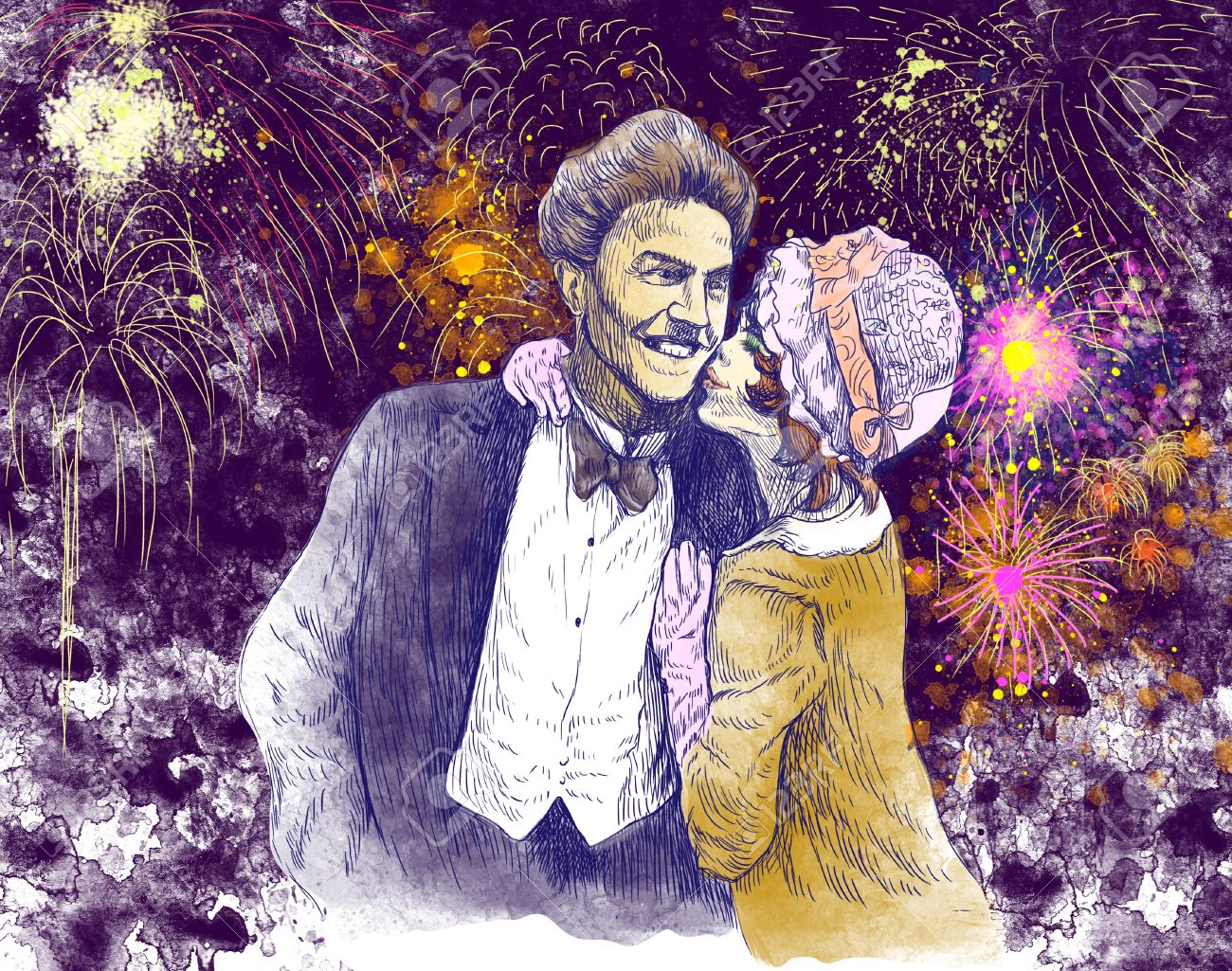 納涼花火大会 の前に幸運のキス 手描き の写真素材 画像素材 Image