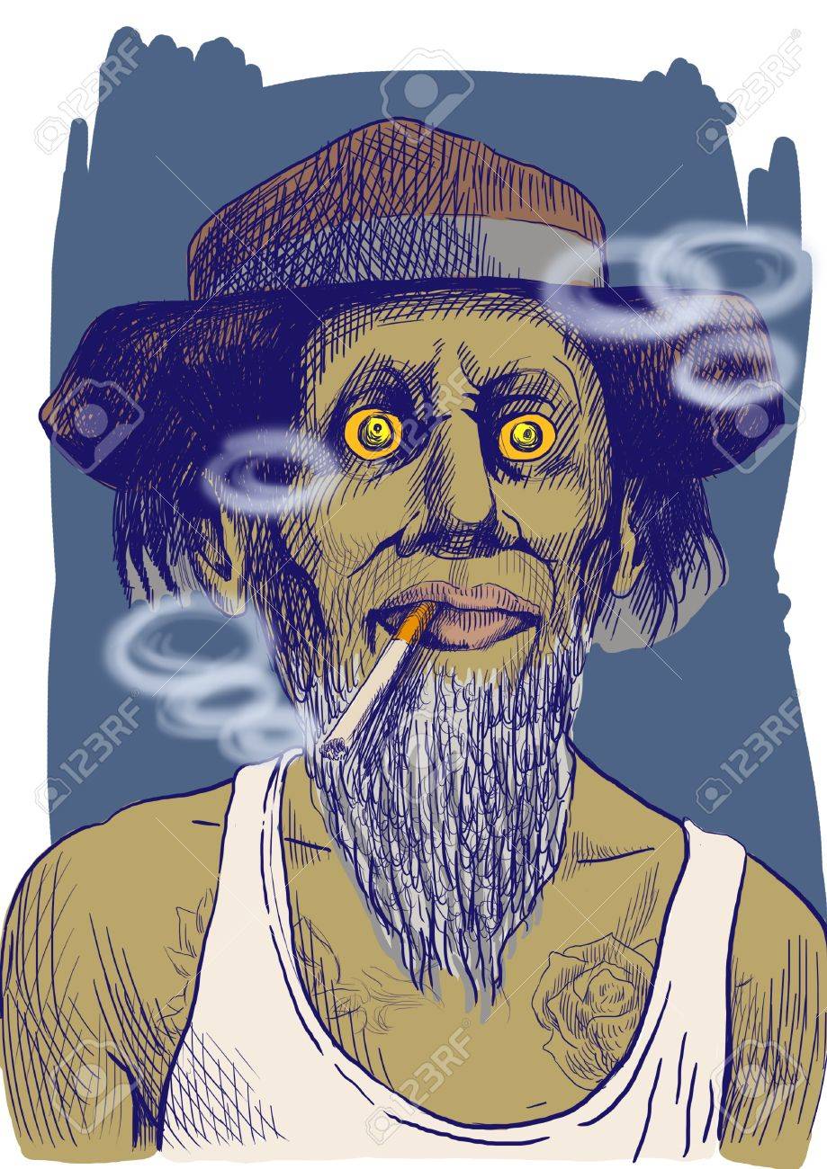 喫煙者は 強いタバコを吸って帽子でタフな男の手描きイラスト の写真素材 画像素材 Image