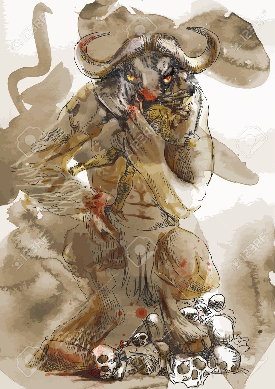 手描きイラストは 古代ギリシャ神話のミノタウロスとテセウス伝説 4 層のベクトルに変換のイラスト素材 ベクタ Image 18915320