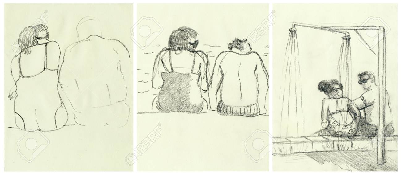 afternoon at the swimming pool an hand drawn illustrations stock