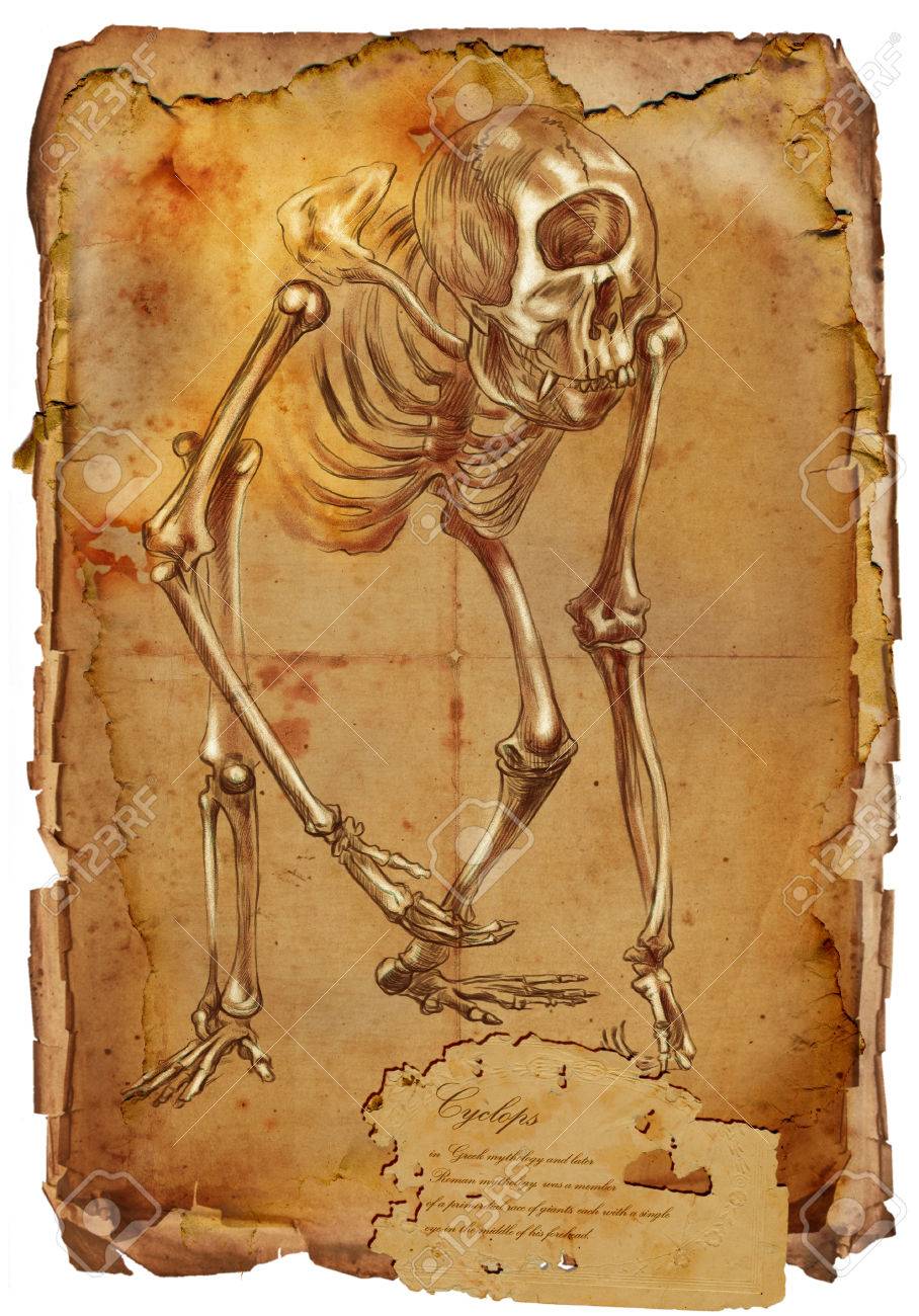 伝説的な動物やモンスター スケルトン シリーズのイラスト サイクロプス 描画し フル塗装 手サイズのイラスト オリジナル テキストと古いヴィンテージ紙のバージョン Drawng 背景 少しぼやけ線 シャープします の写真素材 画像素材 Image