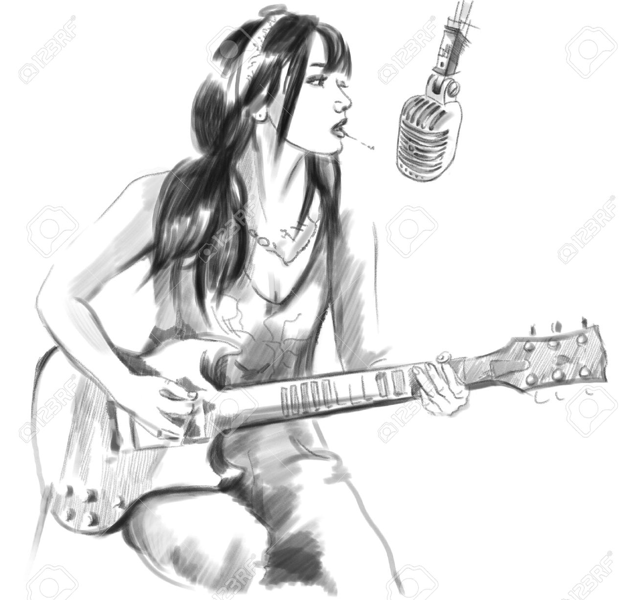 人物画点描画 「Female Guitarist」