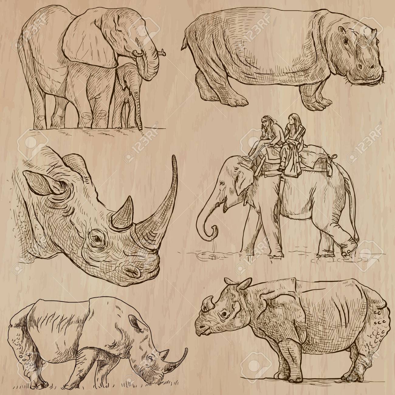 重い動物 パック 1 号 ベクトルにある 手描きのイラスト集 各図面の線のいくつかの層で構成が 色付きの背景は 分離 簡単編集 のイラスト素材 ベクタ Image
