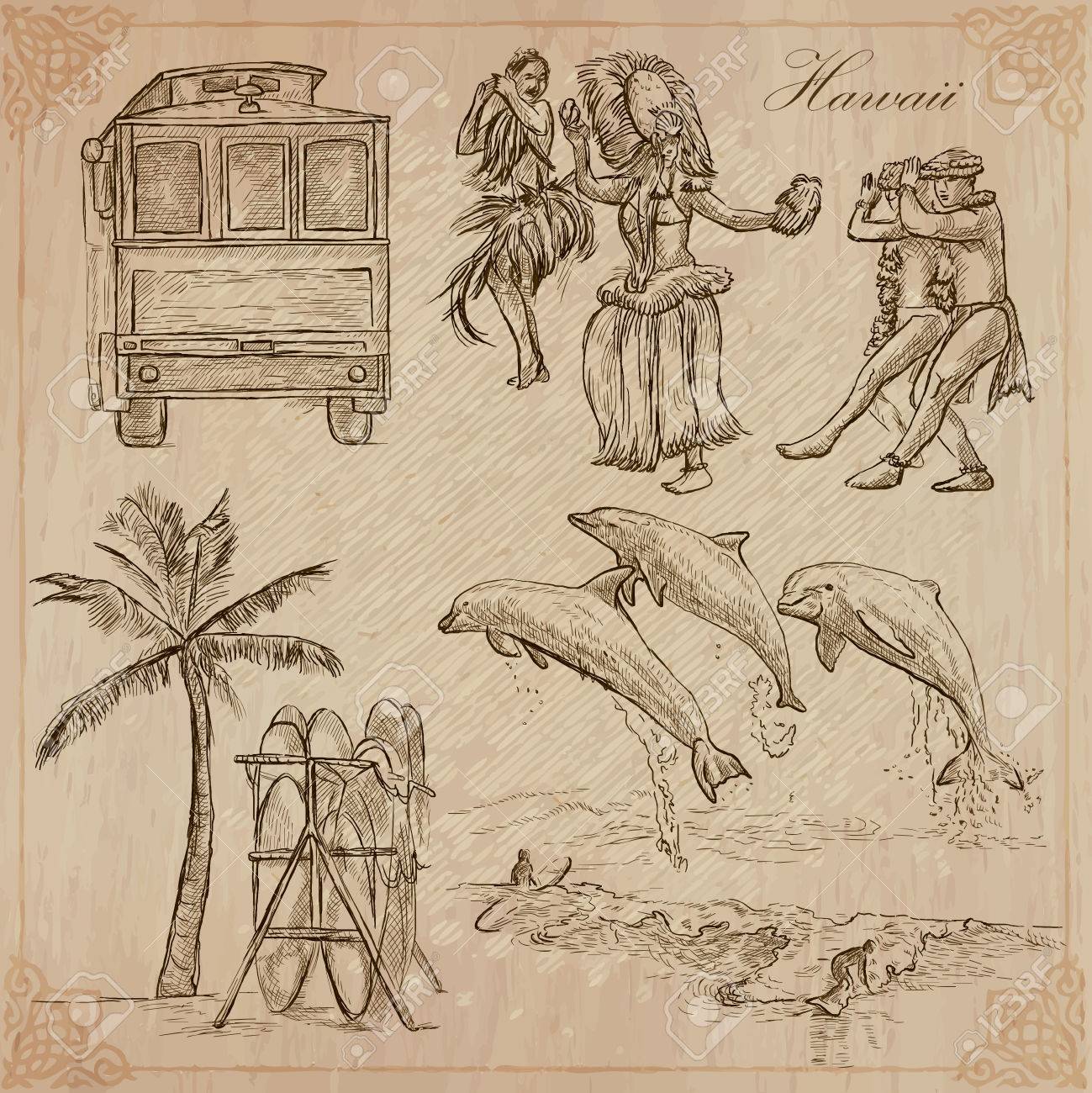 旅行 ハワイ米国 No 1 ベクターにある 手描きのイラスト集です フリーハンド スケッチ 行の各図面いませんレイヤー 色付きの背景は 分離されます レイヤーとグループの編集 のイラスト素材 ベクタ Image