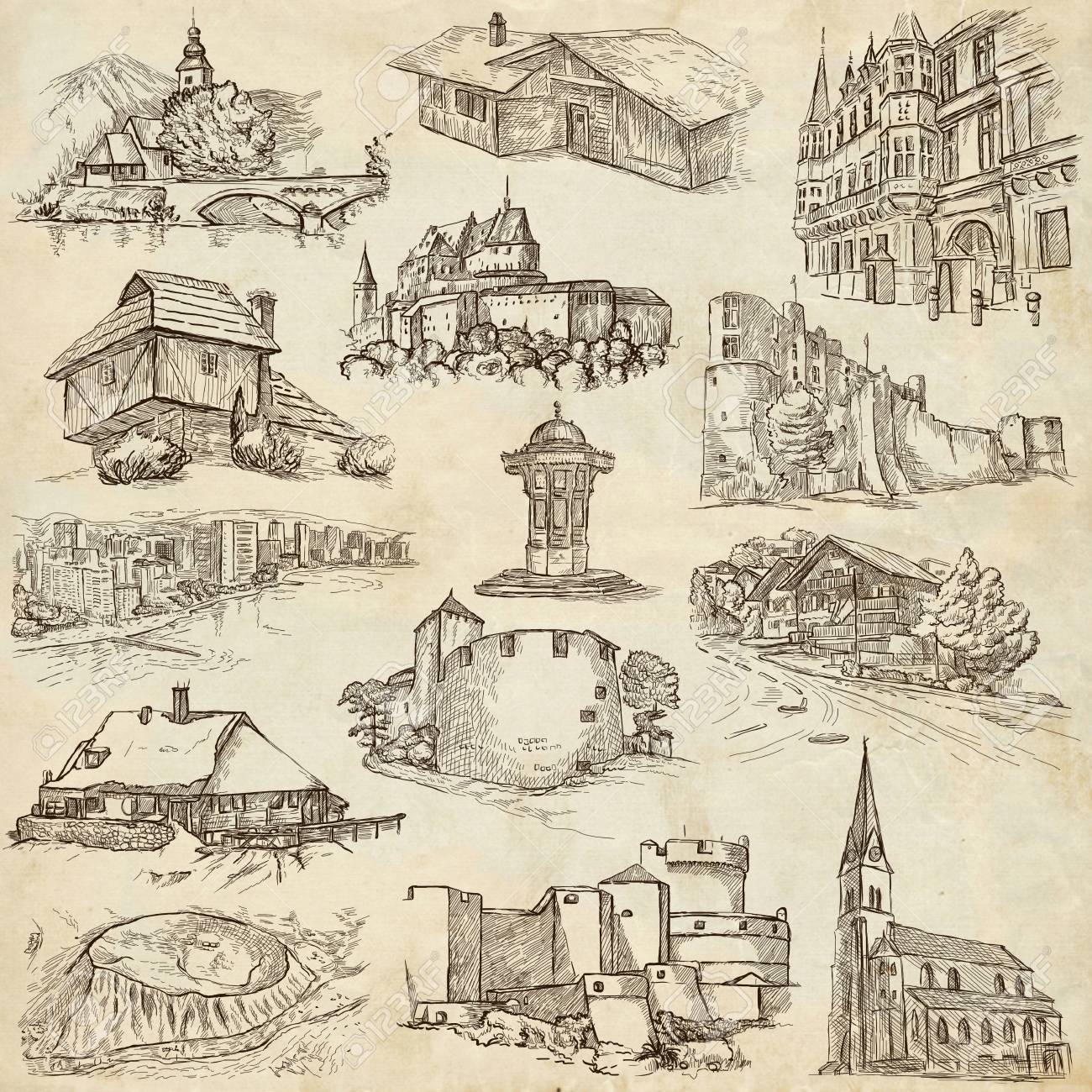 有名な場所や建築世界の手描きイラスト パック No 19 のコレクション 説明 コントロール 古い紙などに描く手描きイラストのフルサイズ の写真素材 画像素材 Image