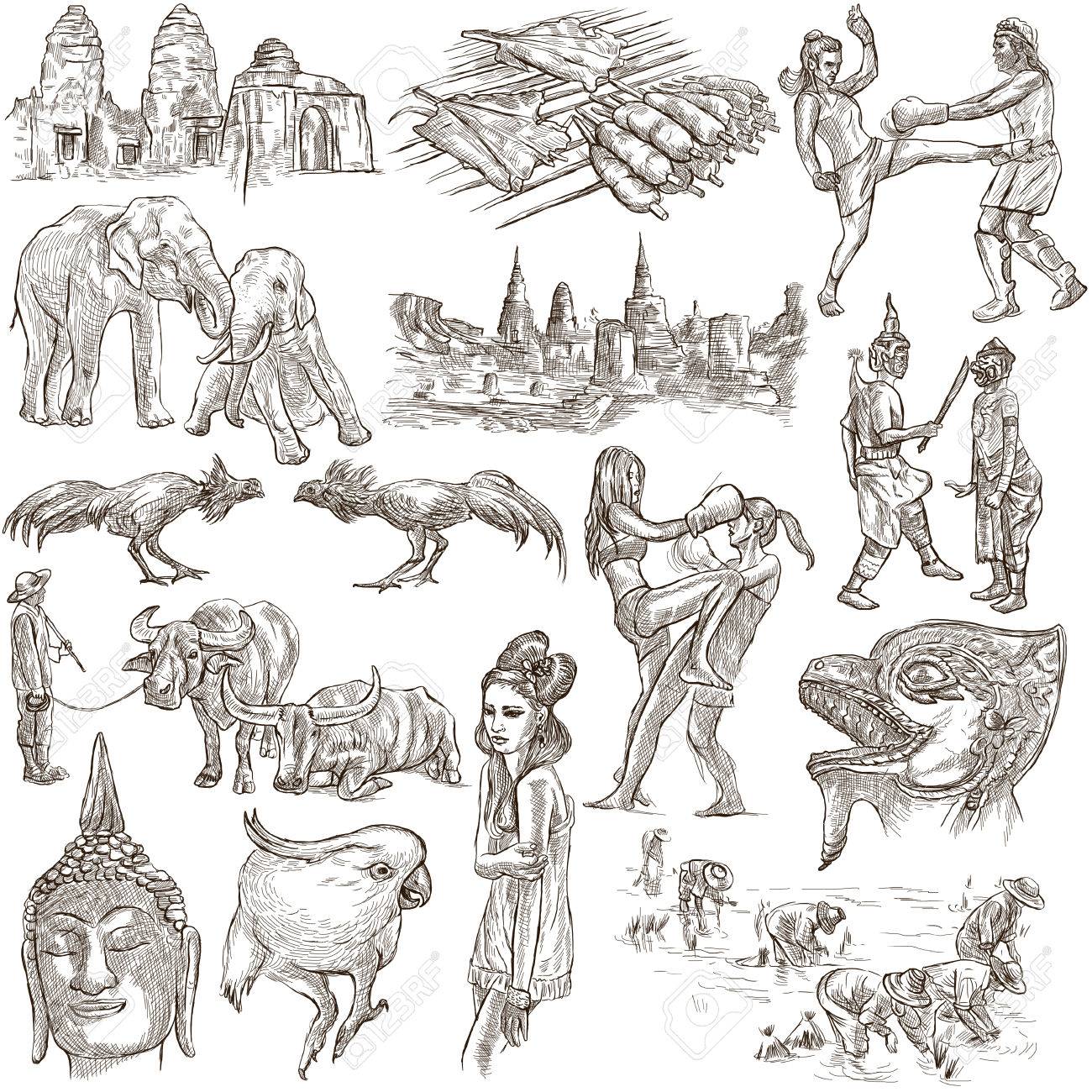 旅行シリーズ タイ王国 生命の写真 手描きイラスト集です 説明 フルサイズの手描きイラストのフリーハンド スケッチ 白の背景上に描画します の写真素材 画像素材 Image