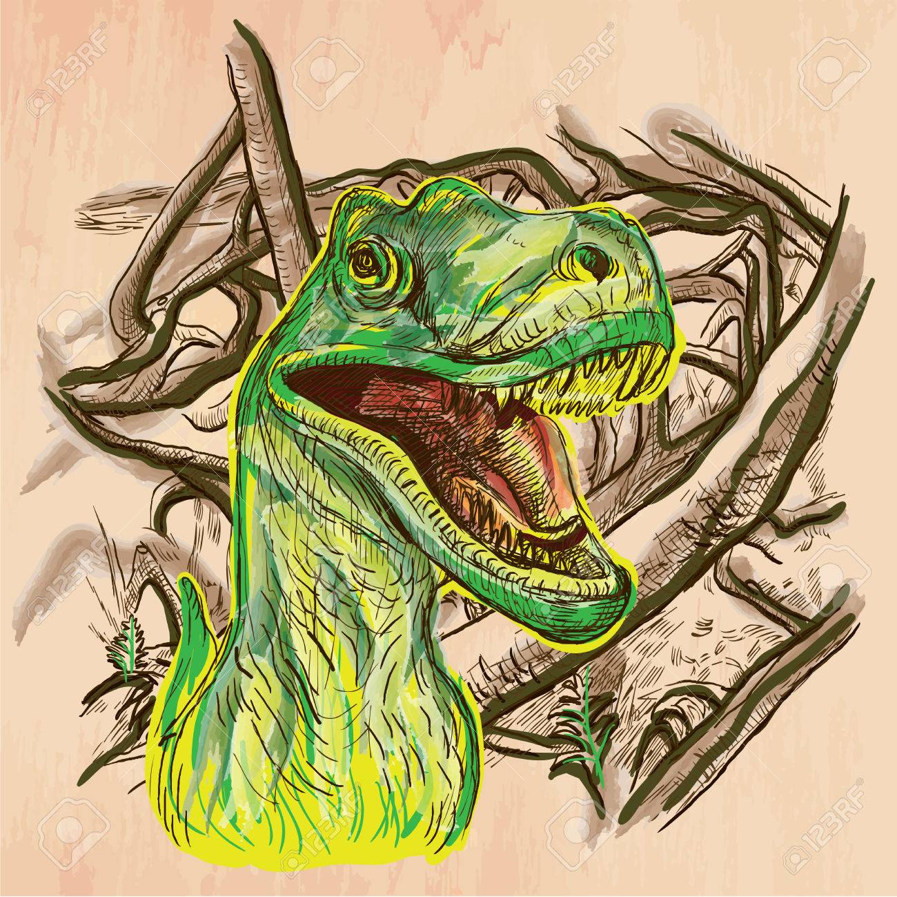 T Rex Dinosaurs La Vie Dans Le Temps Préhistorique Croquis Freehand Dessin Au Trait Hand Drawn Illustration Vectorielle Coloré Fond Est Isolé