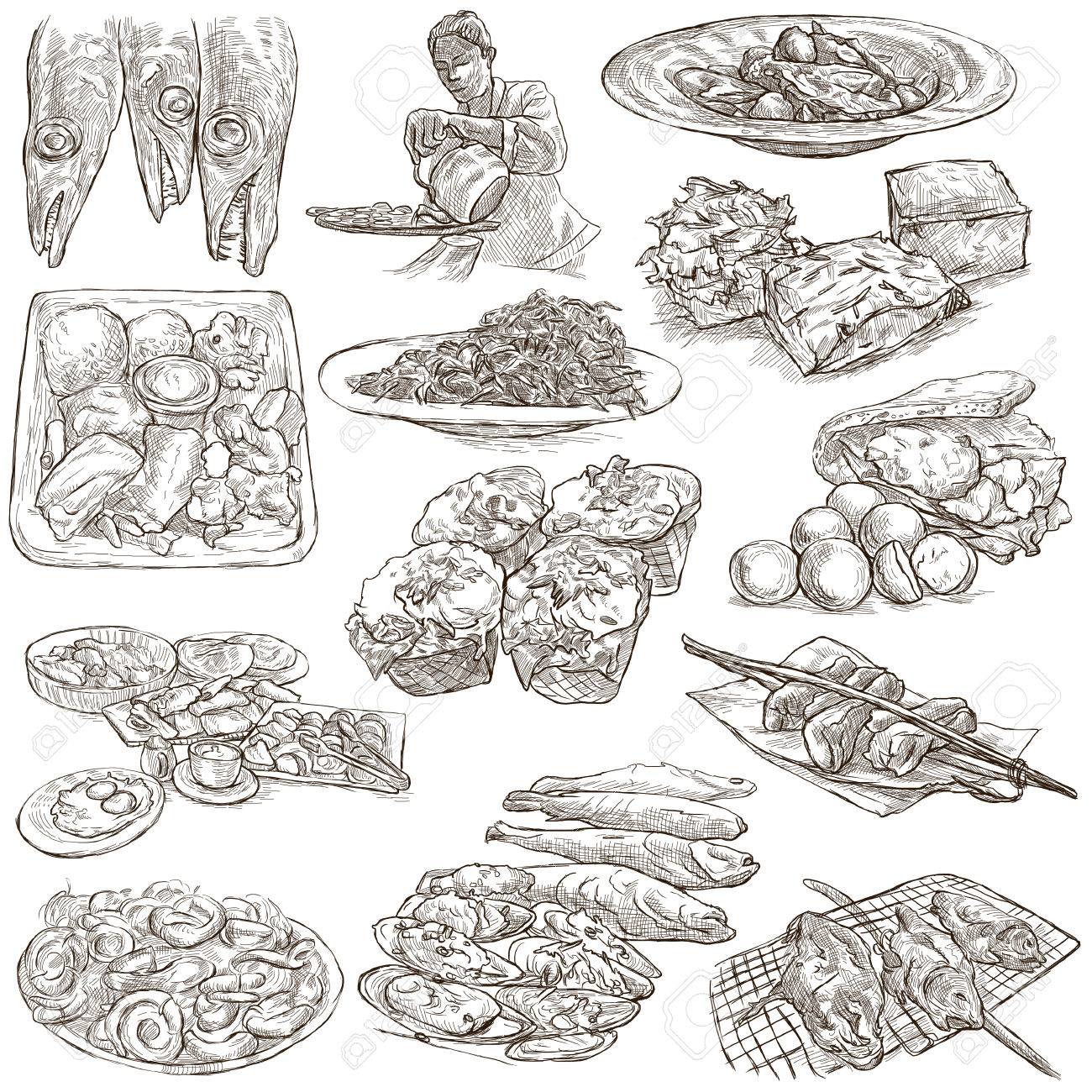 Food Menu Cuisine Cooking Dish Collection Of An Hand Drawing Illustrations Pack Of Full Sized Hand Drawn Illustrations Set Of Freehand Sketches Line Art Technique Drawing On White Background Stock Photo Picture And