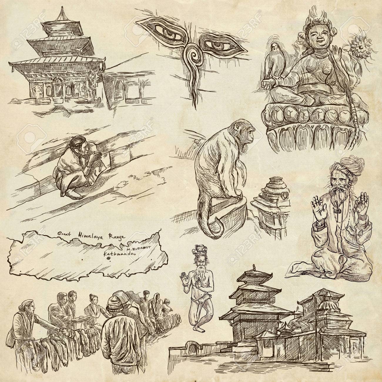 旅行 ネパール 生活の写真 フルサイズの手描きのコレクション 手描きのイラスト 古い紙の背景にフリーハンド スケッチのパック ネパール連邦民主共和国を旅します の写真素材 画像素材 Image