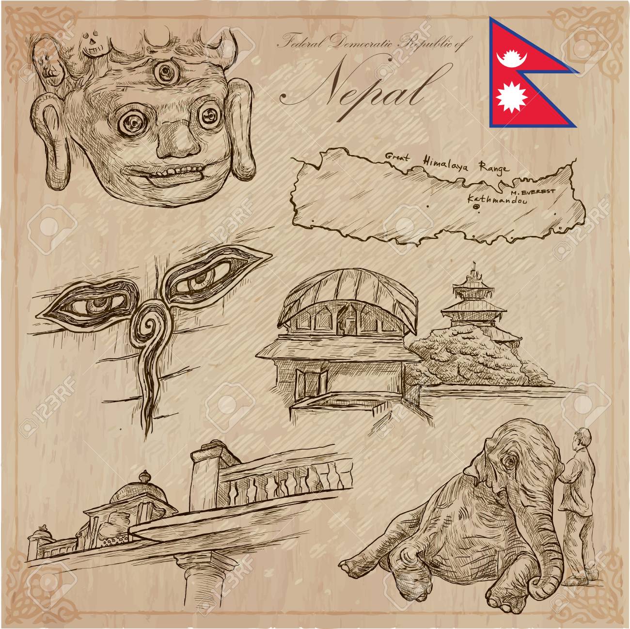 Travel Nepal Pictures Of Life Vector Hand Drawn Collection Royalty Free Cliparts Vectors And Stock Illustration Image