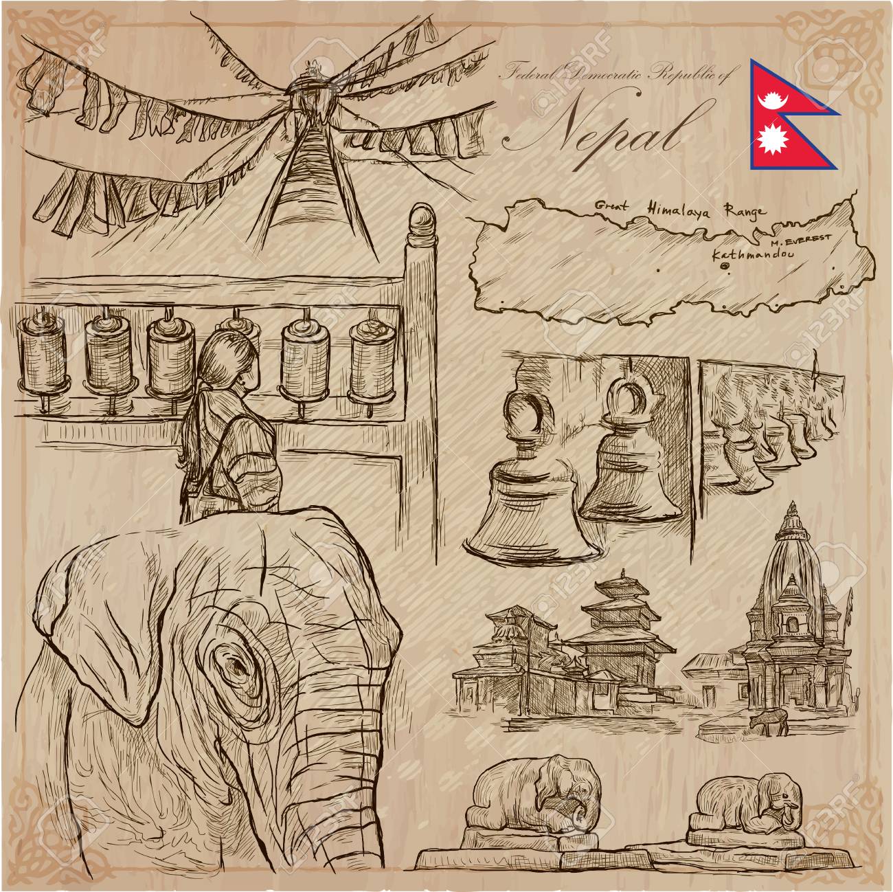 旅行 ネパール 生活の写真 ベクトルは手描き下ろしコレクションです 図面 線画イラストのパック フリーハンドのスケッチ アウトラインを設定します ネパール連邦民主共和国を旅します のイラスト素材 ベクタ Image