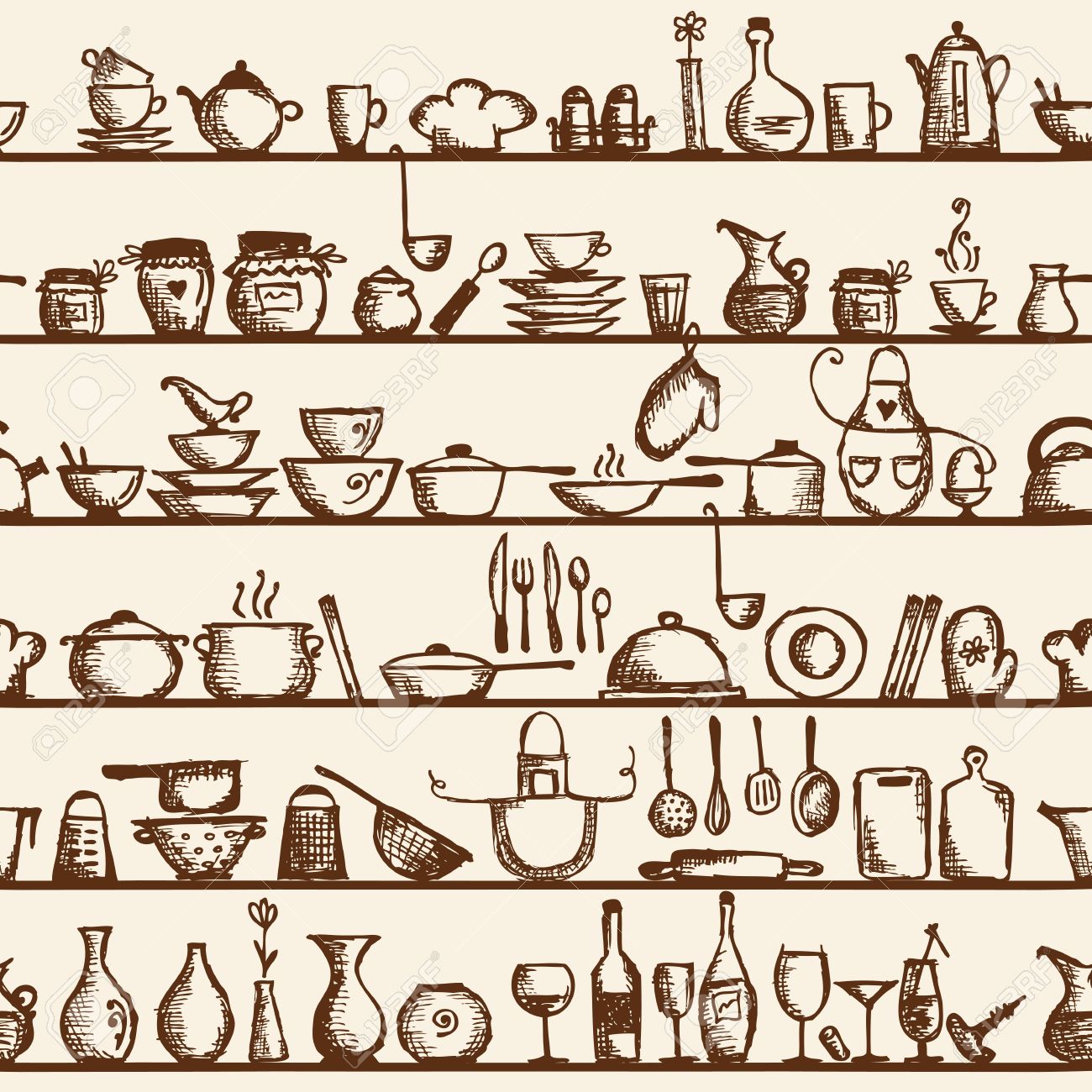 Kitchen Utensils Wallpaper kitchen utensils on shelves, sketch drawing seamless pattern Kitchen Utensils Wallpaper kitchen utensils on shelves, sketch drawing seamless pattern
