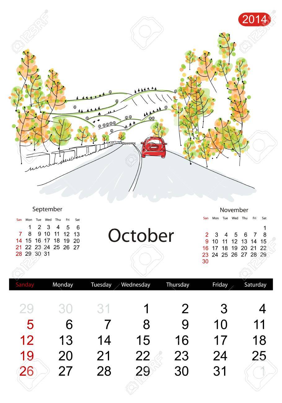 カレンダー 14 年 10 月 あなたのデザインのため 街の通りをスケッチします のイラスト素材 ベクタ Image